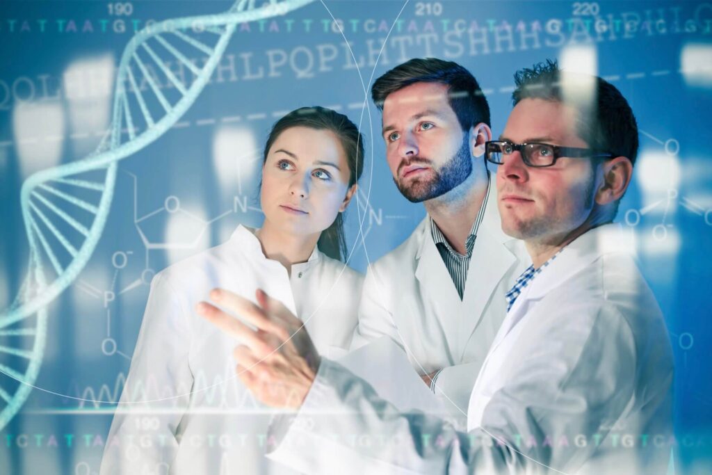 Three researchers analyzing data related to gene therapy, with a focus on cardiovascular applications.