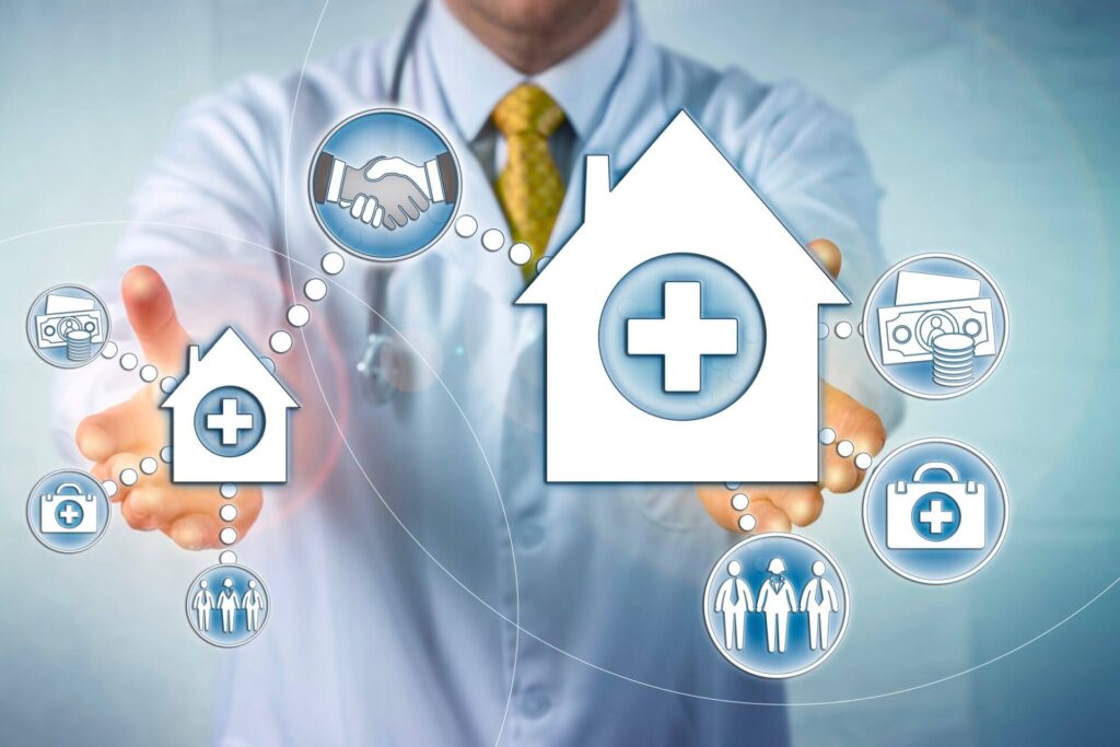 A healthcare professional interacts with digital healthcare and finance icons, symbolizing the integration and transition in healthcare management.